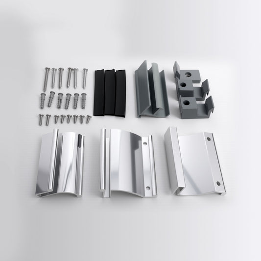 Sliding shower door towel bar kit parts: screws, brackets, and curved towel holders