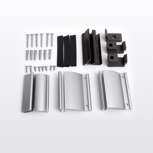 Sliding shower door towel bar kit parts with silver and black towel holders and mounting brackets