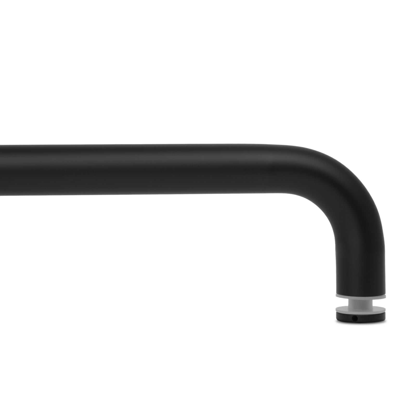Matte black towel bar elbow with mounting base, single-sided aluminum rail.