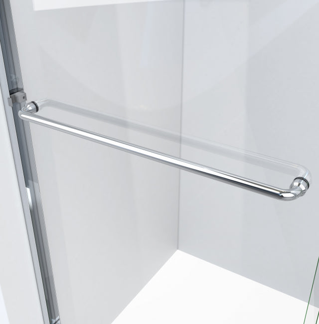 Silver towel bar with finger pull and round mounting base on wall