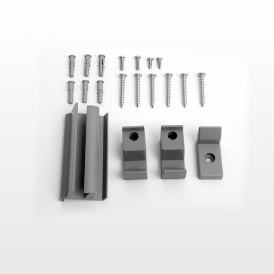 Shower door installation hardware kit with dark metal clips and screws
