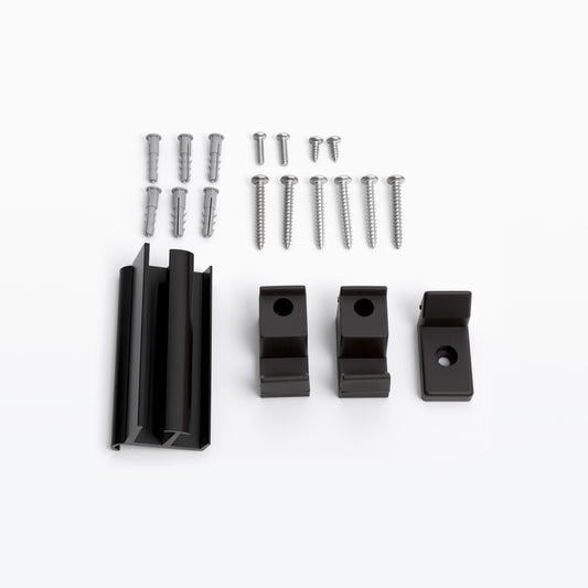 Shower door installation hardware kit with dark brackets and multiple mounting screws