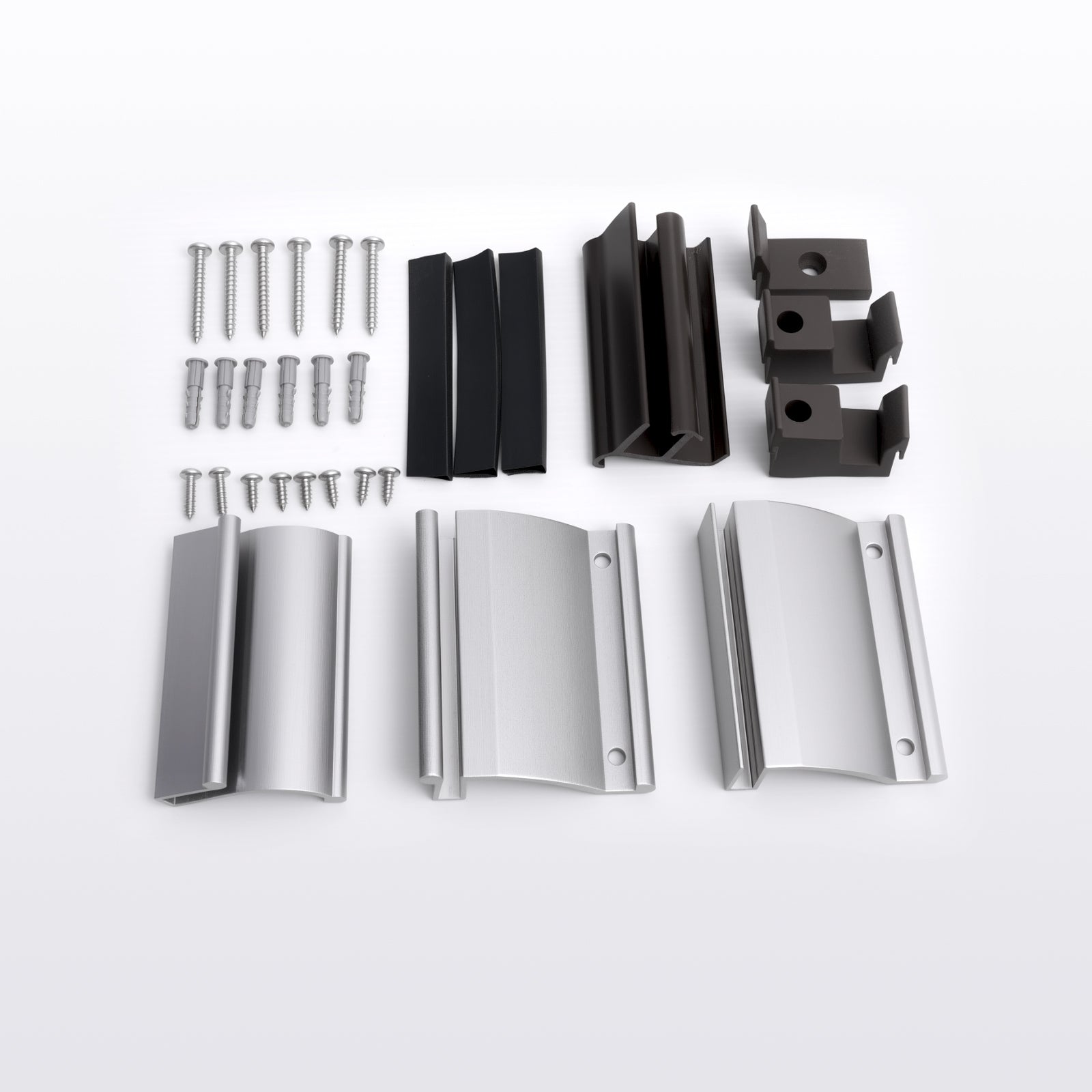 Sliding shower door towel bar kit parts with silver and black towel holders and mounting brackets