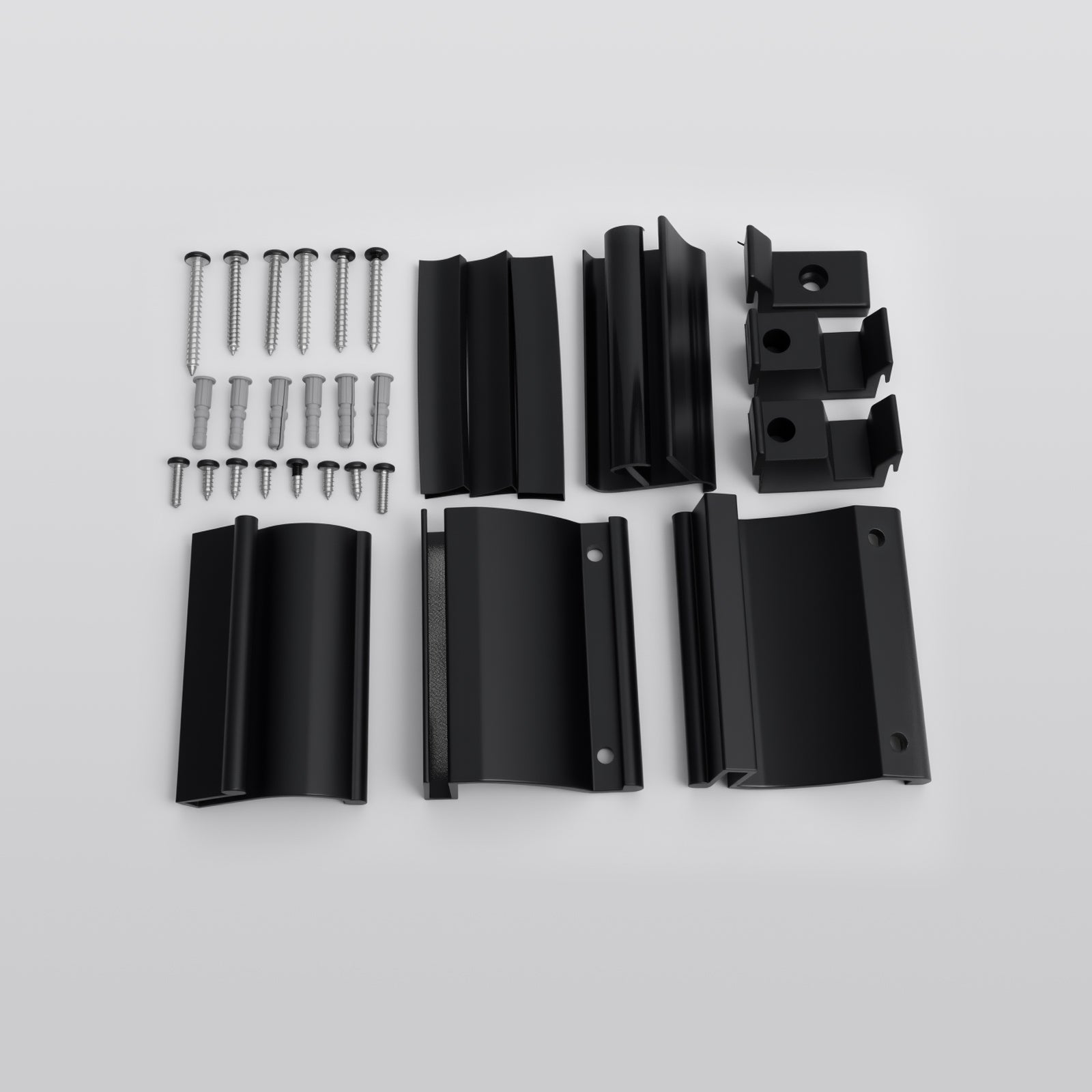 Sliding shower door towel bar kit in matte black: screws, brackets, and curved towel holders