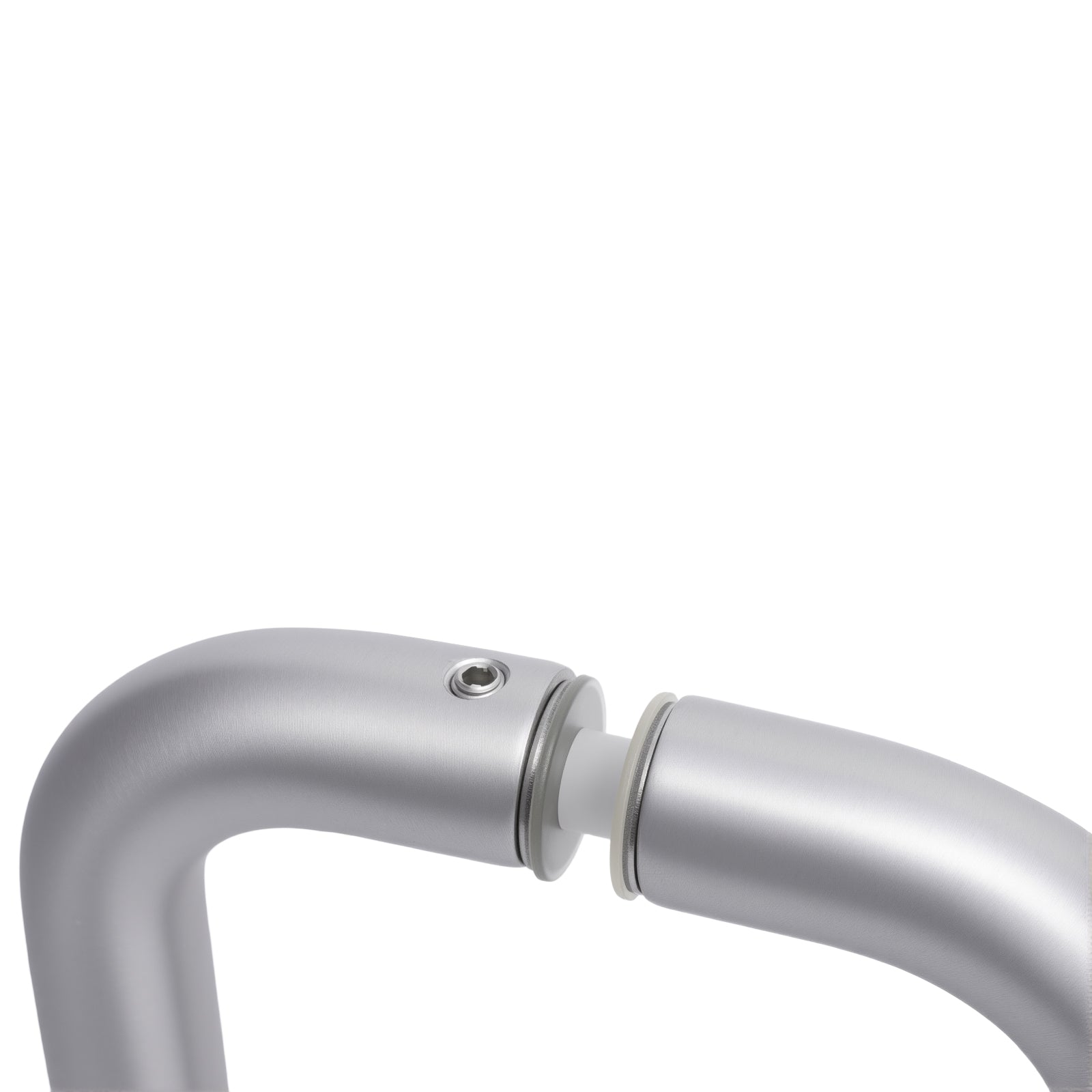 8 in aluminum back-to-back pull handle end, silver curved bar with screw detail.