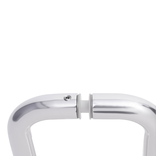 8 in aluminum back-to-back pull handle end, silver curved bar with central mount.