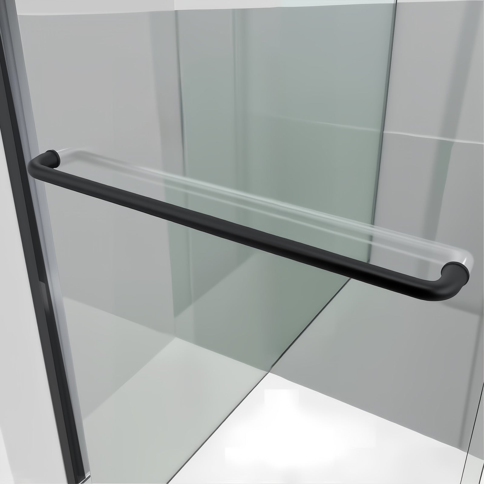 Black single-sided towel bar with rounded ends mounted on shower glass enclosure.