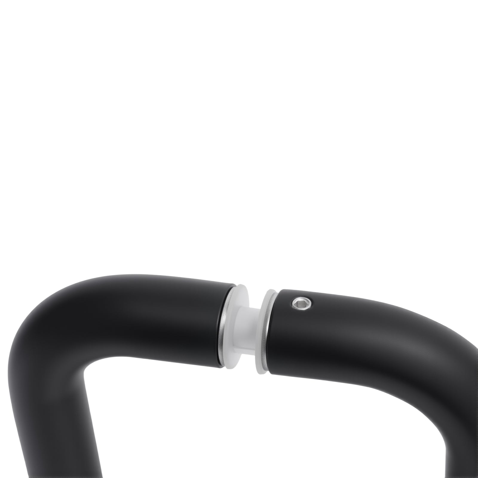8 in aluminum back-to-back pull handle end, black curved bar with central connector.