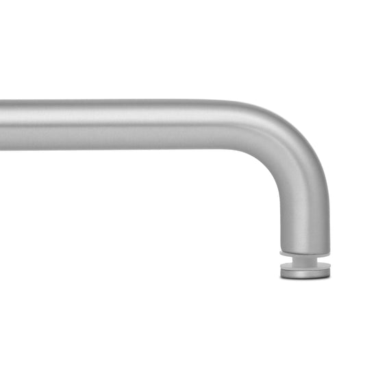 Brushed nickel towel bar elbow joint with mounting base for single-sided use.